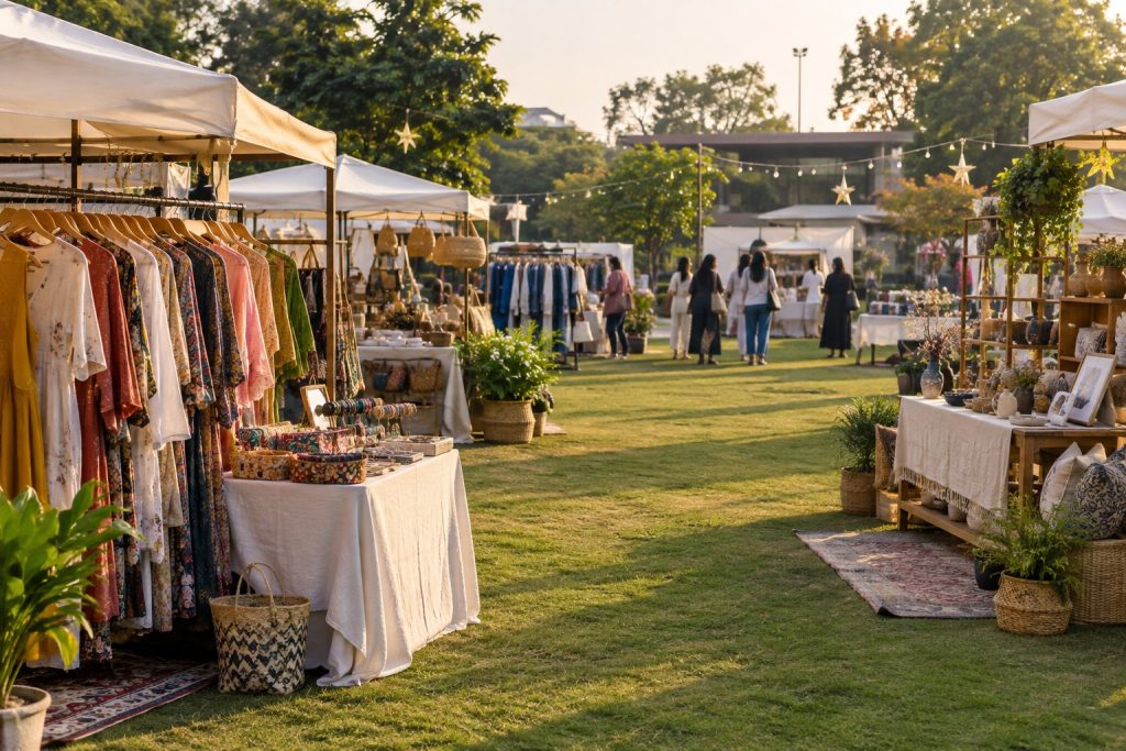 Outdoor pop-up shopping stalls with independent brands and handcrafted products for La Feria in Chandigarh