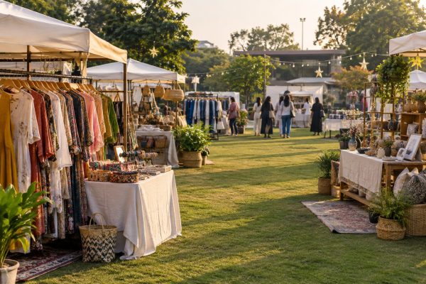 Outdoor pop-up shopping stalls with independent brands and handcrafted products for La Feria in Chandigarh