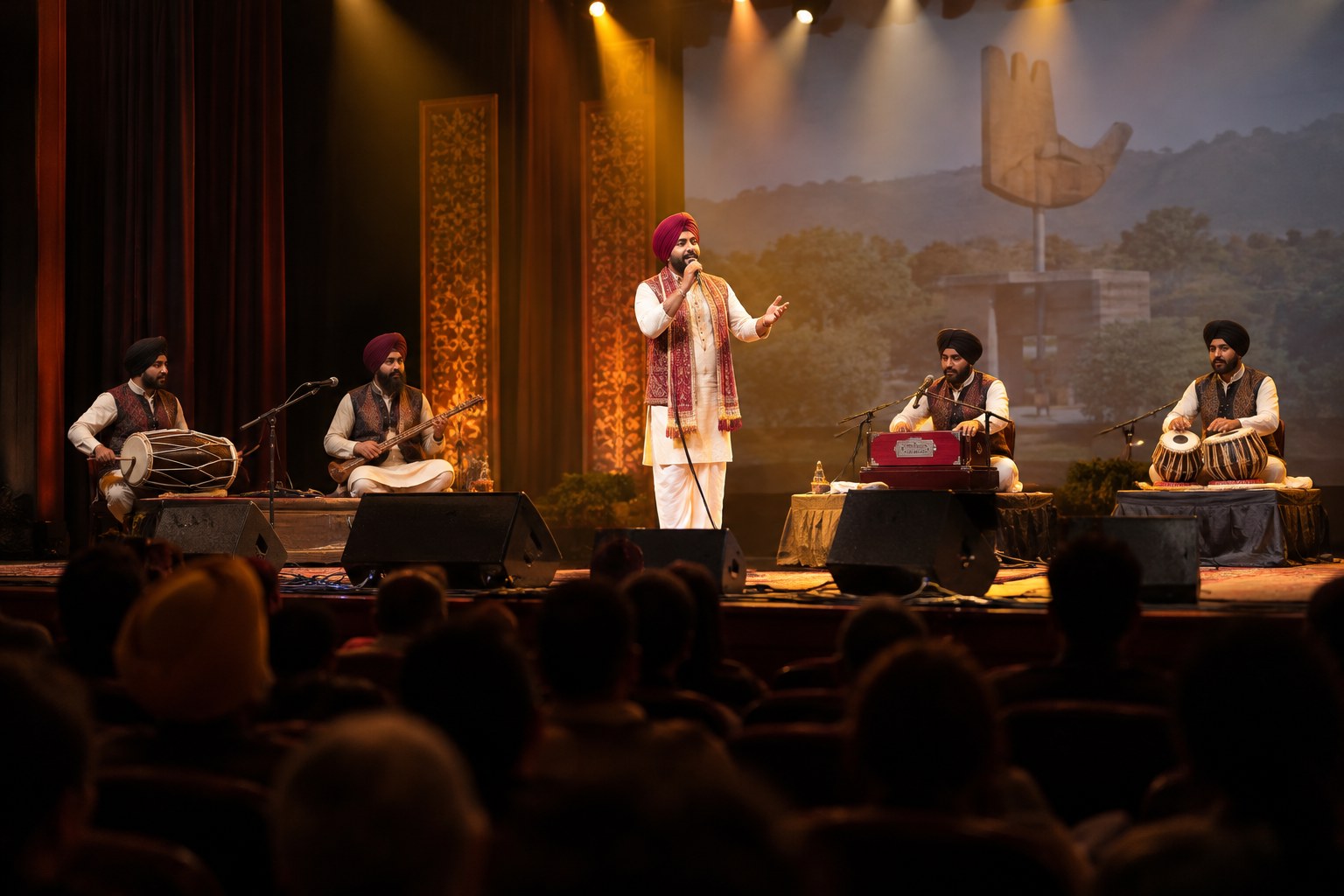 Punjabi live music performance on a theatre stage for Rangan Di Ustat in Chandigarh